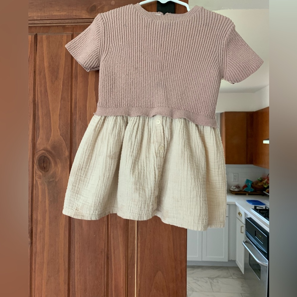 Pink shirt sleeve Zara sweater dress with linen like skirt
